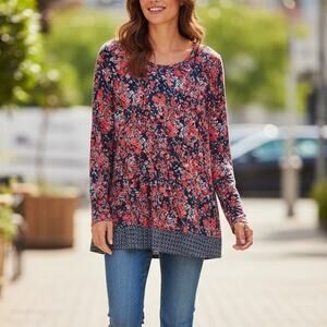 J. Jill Floral Border Tunic Womens XL Blue Red Coral Long Sleeve Casual Knit Top